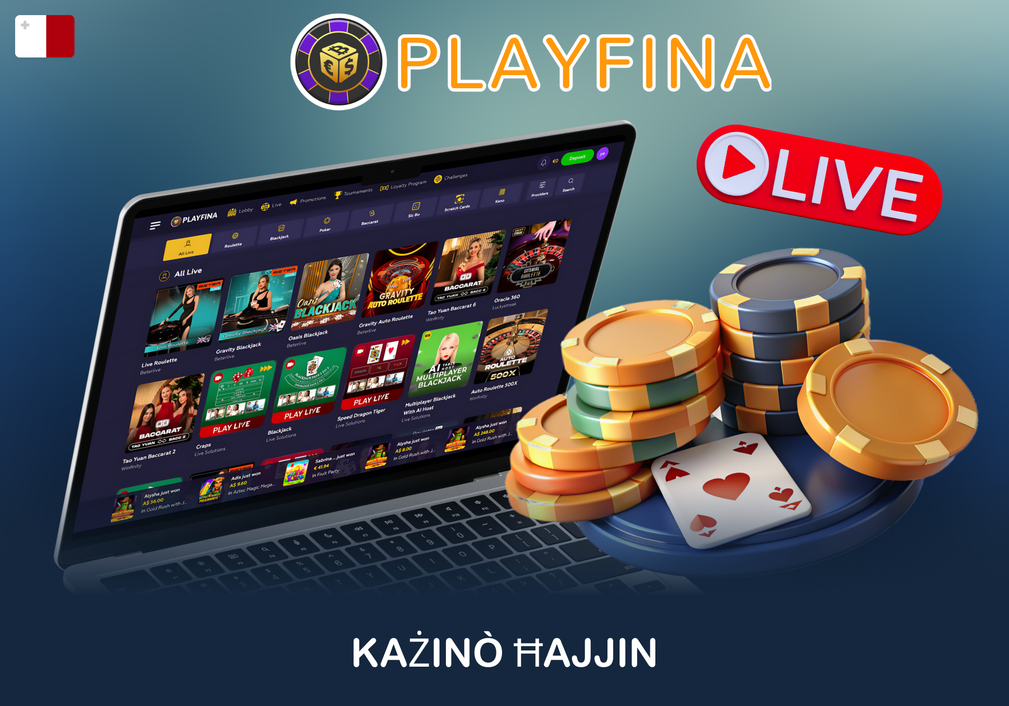 Esperjenza ta' każinò ħaj ma' Playfina f'Malta