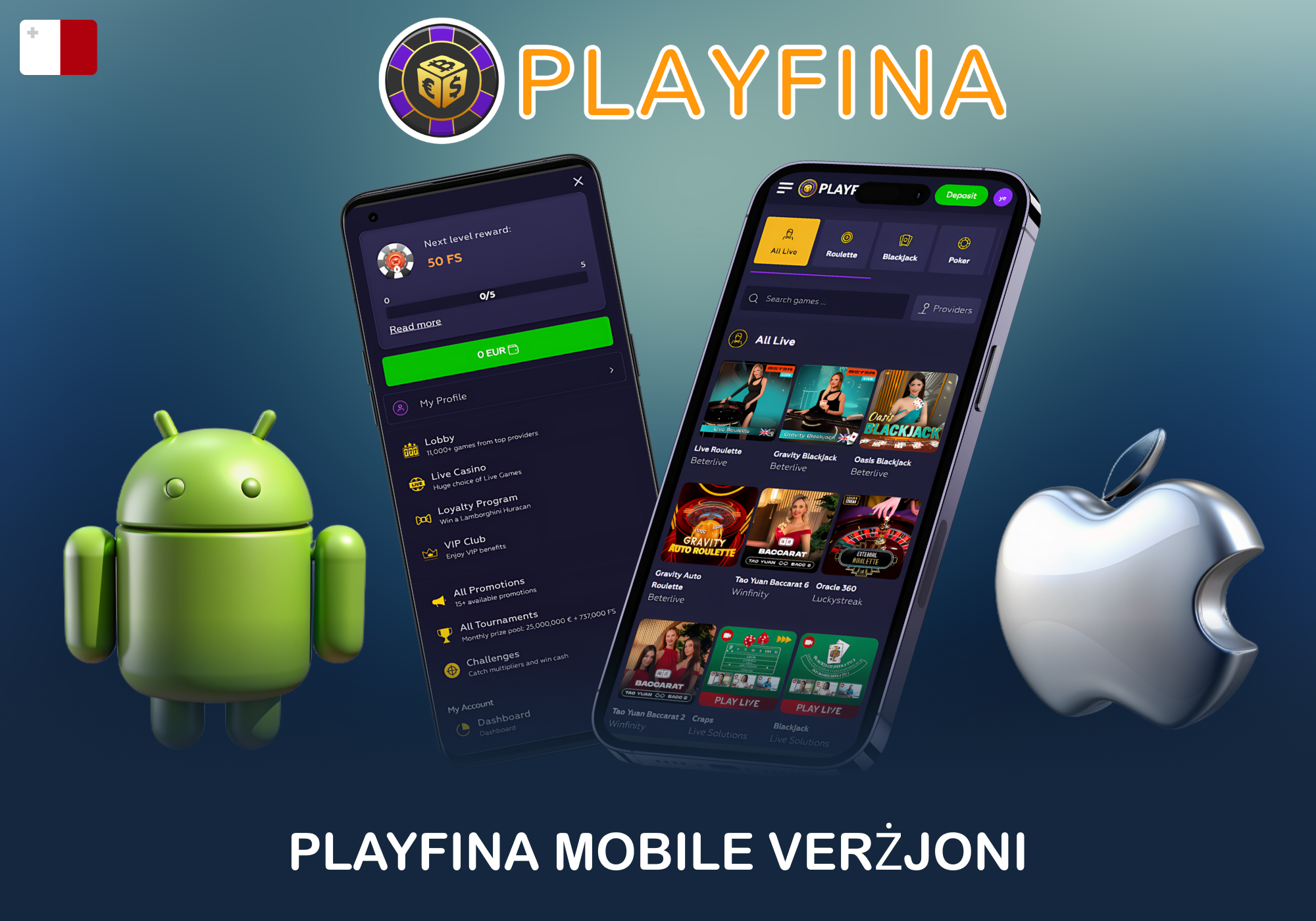 Verżjoni mobbli tal-każinò online Playfina f'Malta